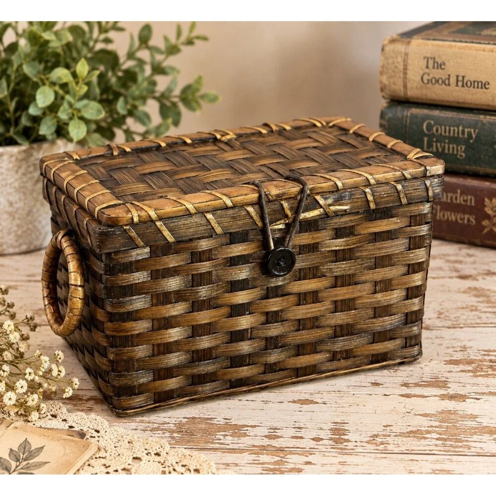Vintage Woven Wicker Basket Hinged Lid Ring Handles Rustic Trinket Storage Decor